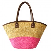 Straw Tote: Woven Wheat 2-tone w/ PU Leather Handles - Pink