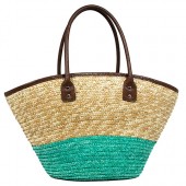 Straw Tote: Woven Wheat 2-tone w/ PU Leather Handles - Turquoise