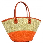 Straw Tote: Woven Wheat 2-tone w/ PU Leather Handles - Orange
