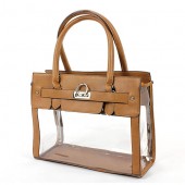 Clear PVC Tote - PU Leather Trim Accent w/ Fold Down Lock - Tan
