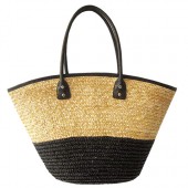 Straw Tote: Woven Wheat 2-tone w/ PU Leather Handles - Black