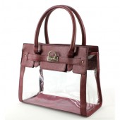 Clear PVC Tote - PU Leather Trim Accent w/ Fold Down Lock - Burgundy